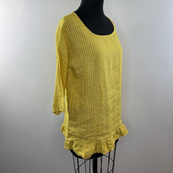 Lungo L'Arno Yellow White M Top Striped Round Neck 3/4 Sleeve Ruffle ITALY - Picture 4 of 9